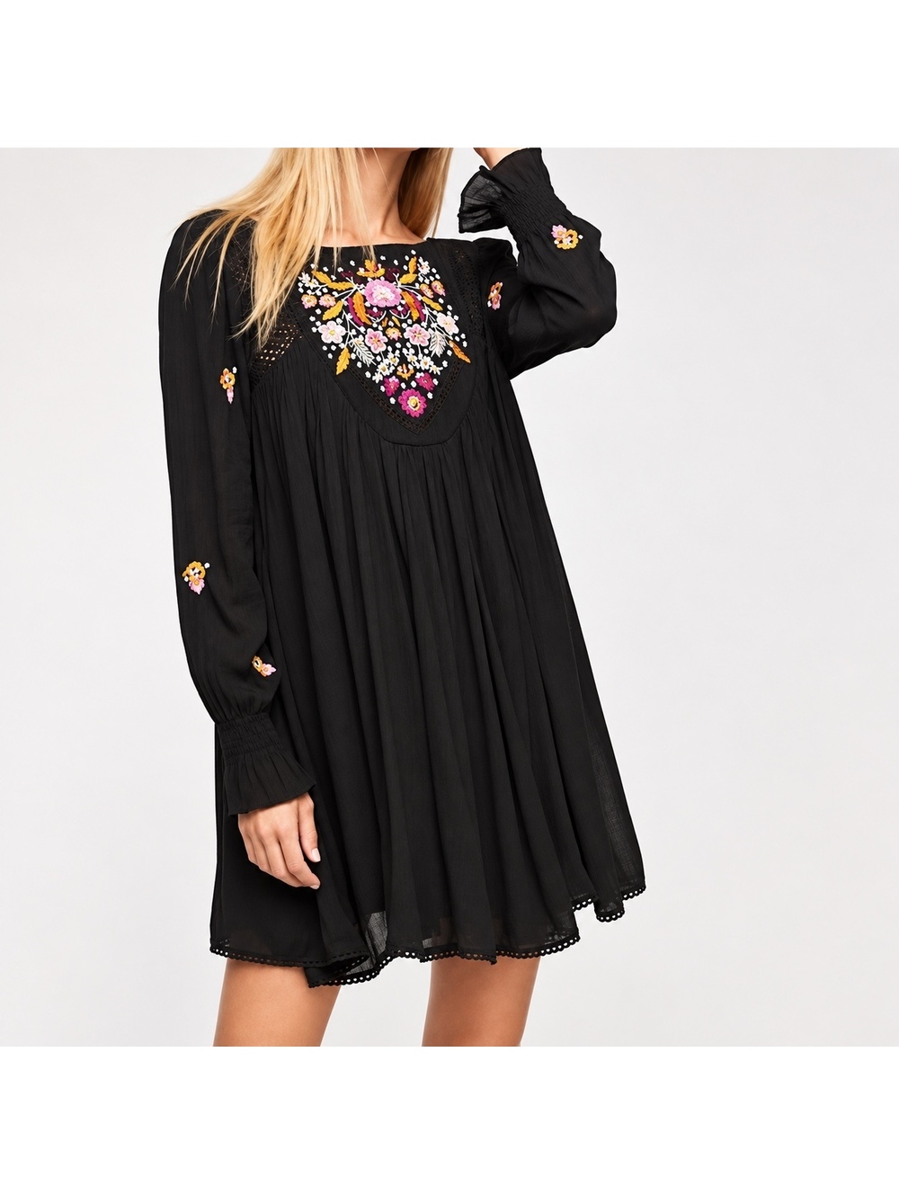 Free People Oxford Embroidered Mini Dress XS Black Boho Floral Festival V Neck